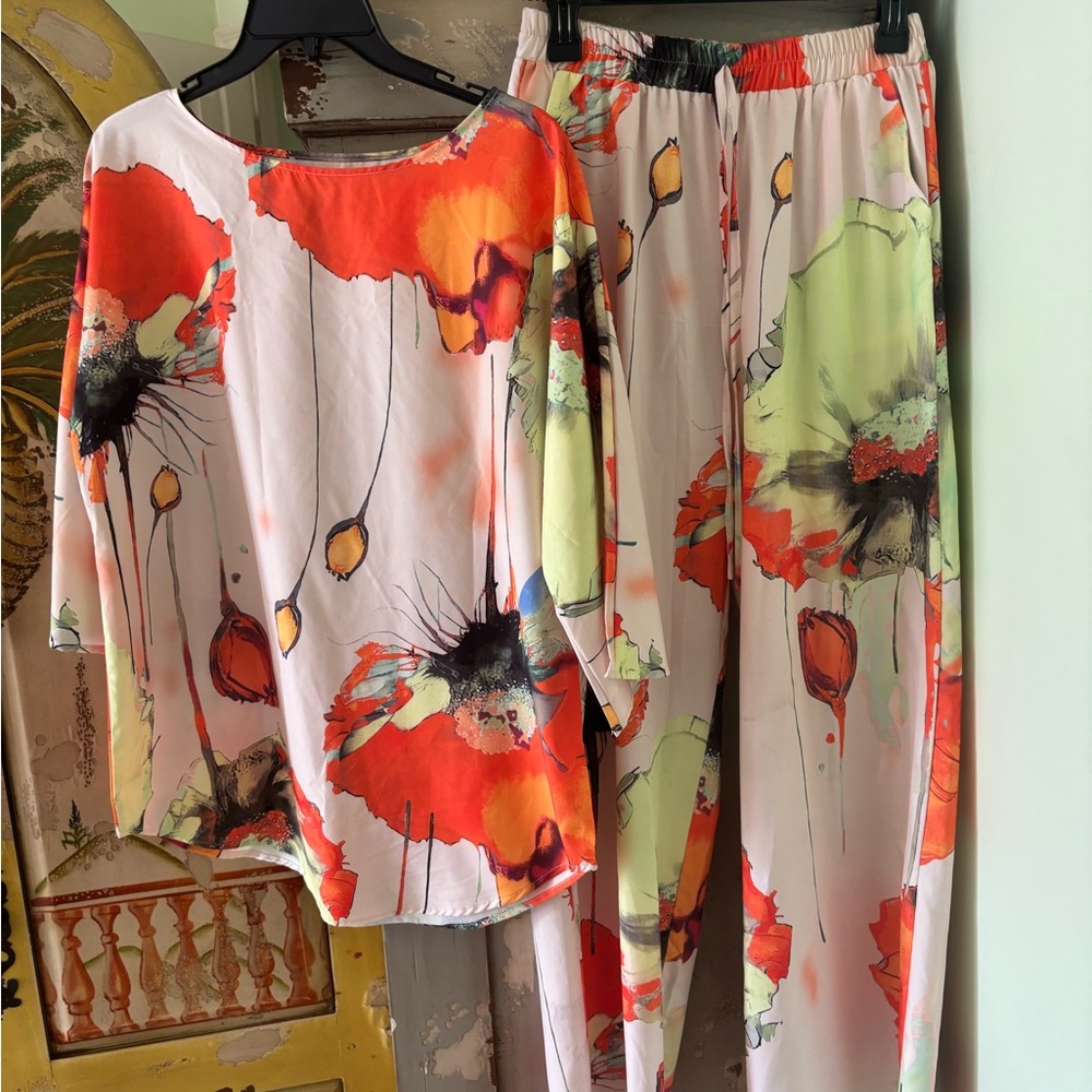 Floral Wide-Leg Pantsuit Set in Orange & Lime